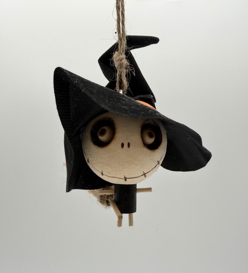 Pier 1 Imports Crazy Head Wooden Ornament 6” Witch with Broom Halloween Decor